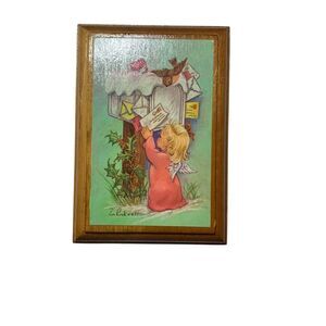 Vintage Postcard Mounted on Wood Board 6.75x4.75 Angel Mailbox Signed Holiday